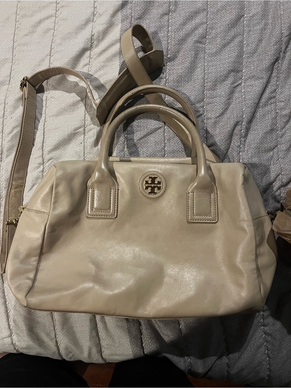 Tory Burch Beige Leather Satchel with Gold Logo